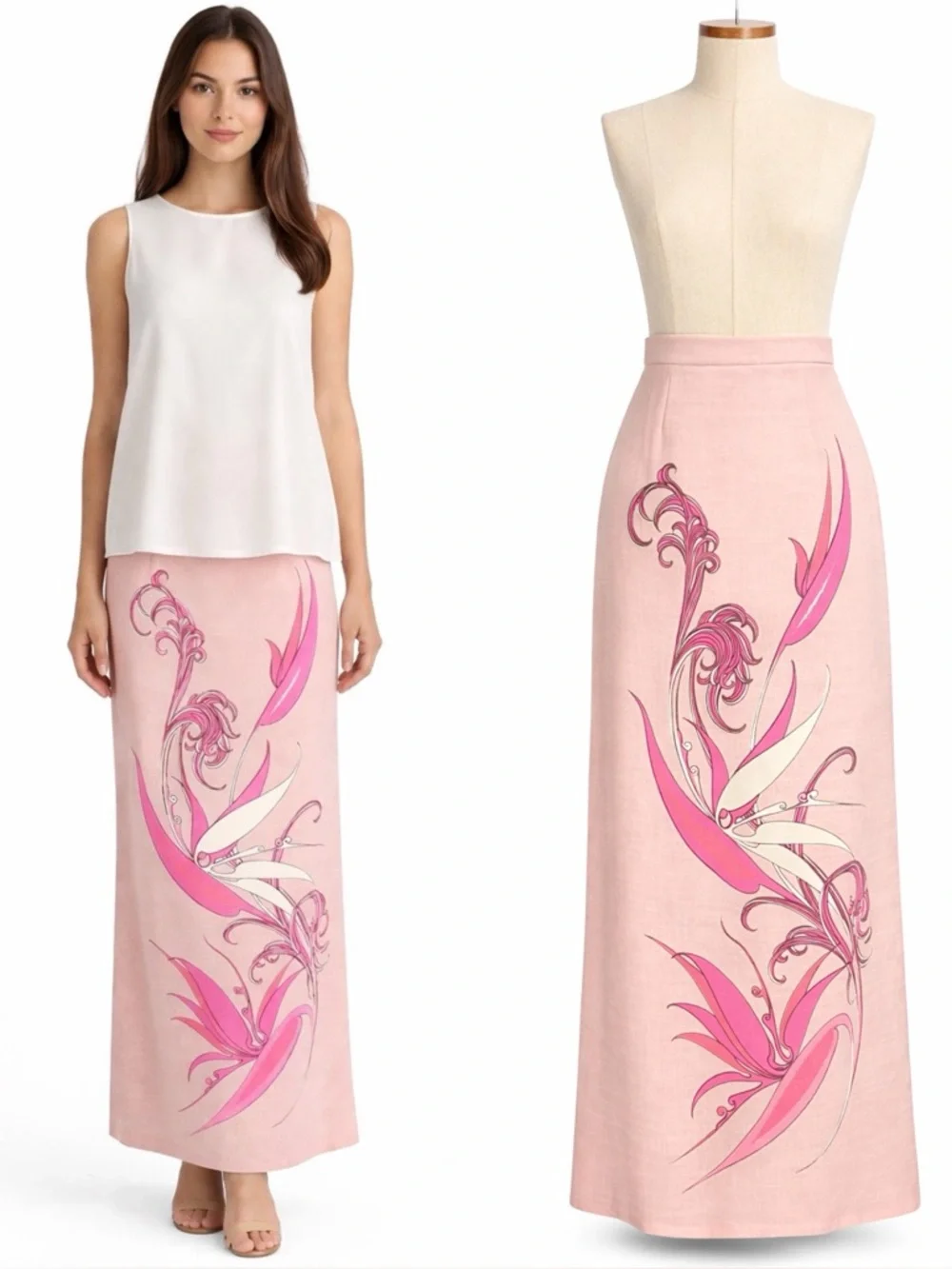 Vintage pink mid century maxi skirt- painted floral design- XS - Picture 3 of 7